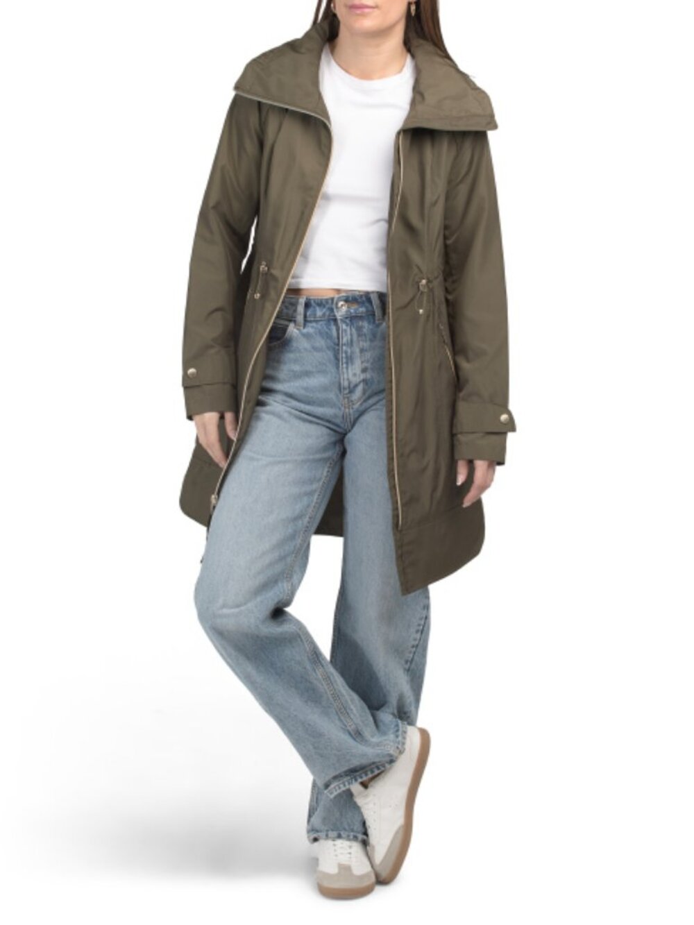 COLE HAAN Olive Travel Packable Hooded Rain Coat
